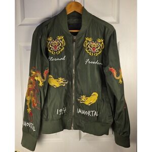 Peace‎ Unlimited NY Men's Large Lightweight Embroidered Green Bomber Jacket